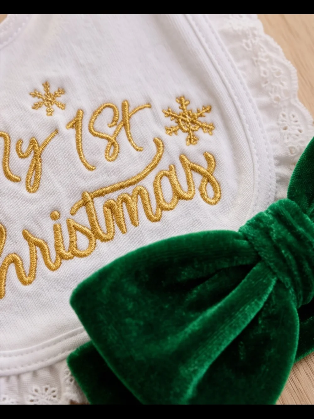 4 pcs Green Velvet Bow Headband, Socks, And Two Bibs Baby Holiday Set